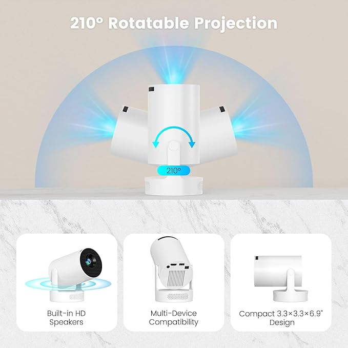 Mini Portable Projector with Wifi6 and Bluetooth, 4K Projector Support 5w Sound