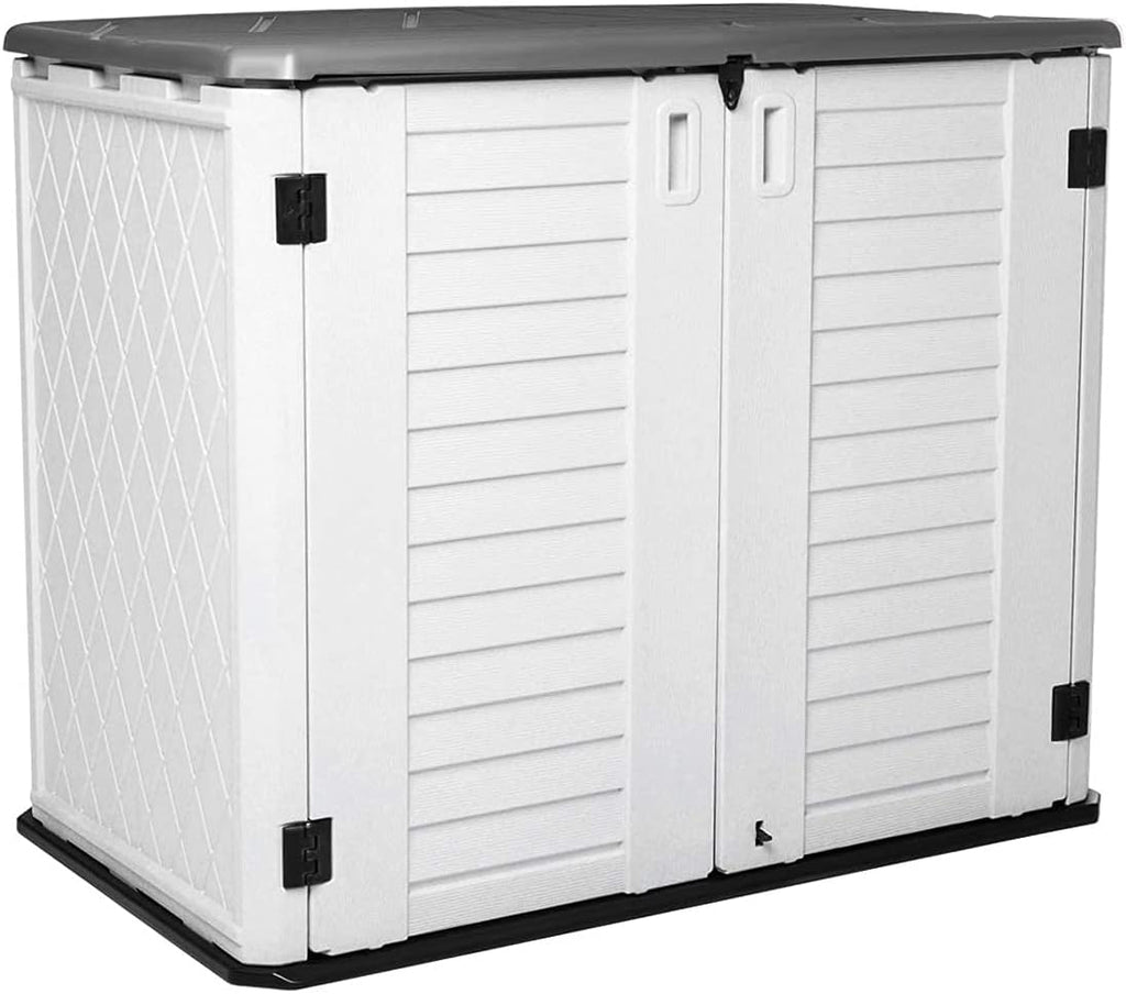 Horizontal Outdoor Garden Storage Shed for Backyards and Patios, Plastic Storage Box Waterproof, Small Shed 26 Cubic Feet Capacity for Bike, Garbage Cans, Lawn Mower, Tools and Garden Accessories