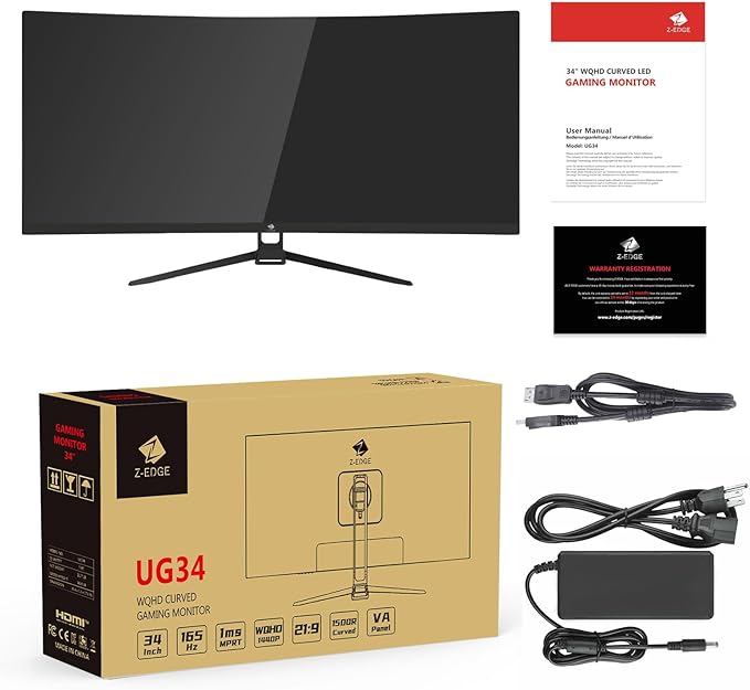 Z-Edge 34" Curved Gaming Monitor, WQHD 1440P 165Hz 144Hz PC Monitor, MPRT 1ms
