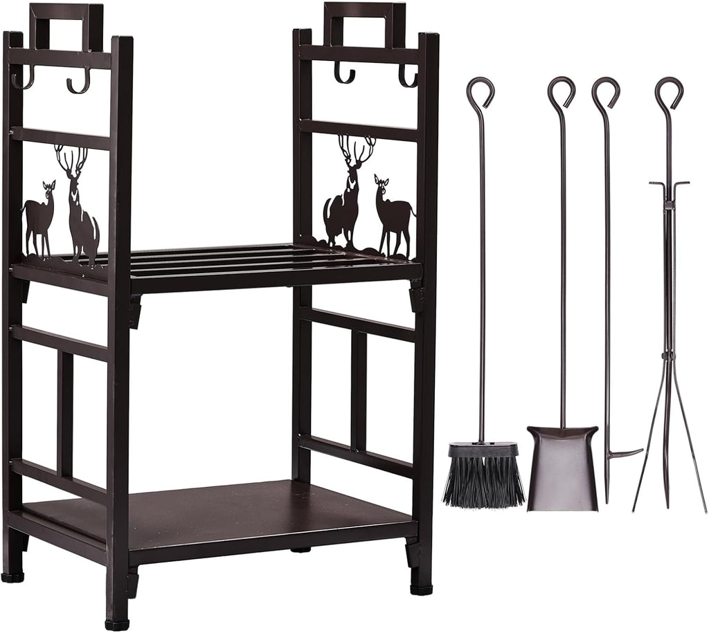 Outvita 2 Tier Firewood Log Rack, Iron Lumber Storage Holder, Wood Pile Stacker Organizer for Indoor Outdoor Fireplace Fire Stove Pit With 4 Fire Tools Hanging Hooks Christmas Elements Brown