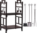 Outvita 2 Tier Firewood Log Rack, Iron Lumber Storage Holder, Wood Pile Stacker Organizer for Indoor Outdoor Fireplace Fire Stove Pit With 4 Fire Tools Hanging Hooks Christmas Elements Brown