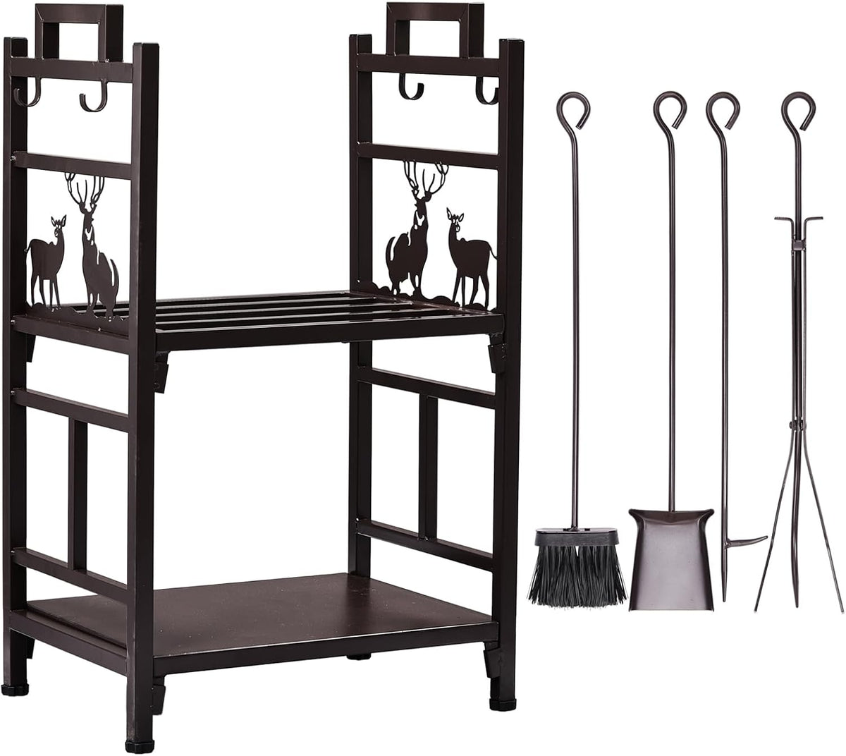 Outvita 2 Tier Firewood Log Rack, Iron Lumber Storage Holder, Wood Pile Stacker Organizer for Indoor Outdoor Fireplace Fire Stove Pit With 4 Fire Tools Hanging Hooks Christmas Elements Brown