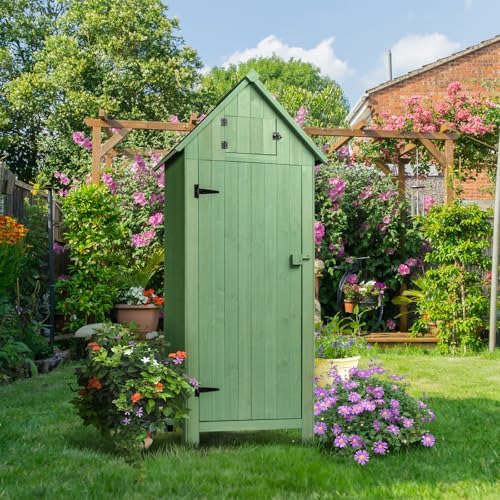 VINGLI Outdoor Wooden Storage Shed, Garden Shed Outside Tool Cabinet with Safety Latch, Patio Storage Organizer (Light Green)