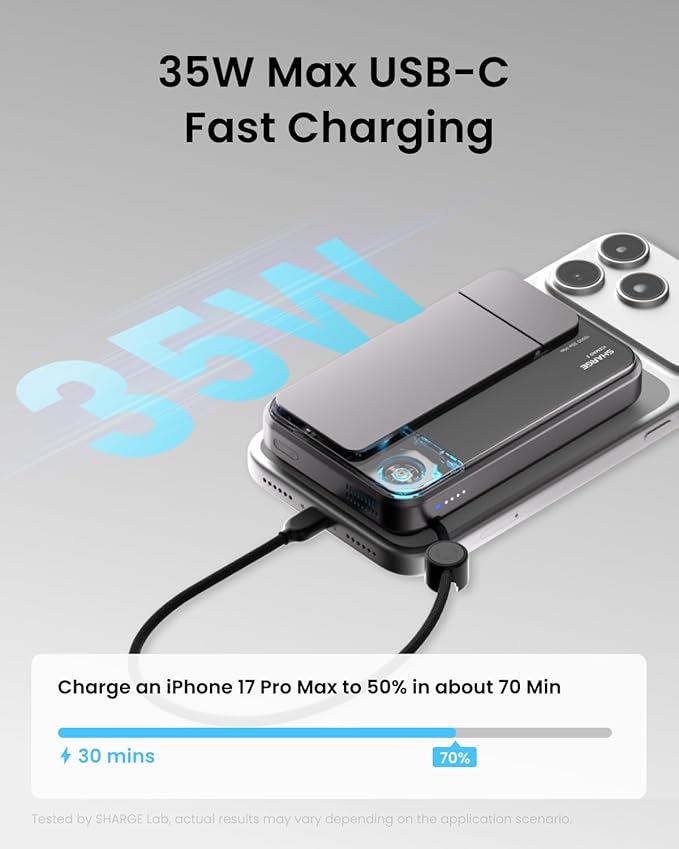 sharge ICEMAG 3 MagSafe Portable Charger, Qi2 25W Magnetic Power Bank 10000mAh