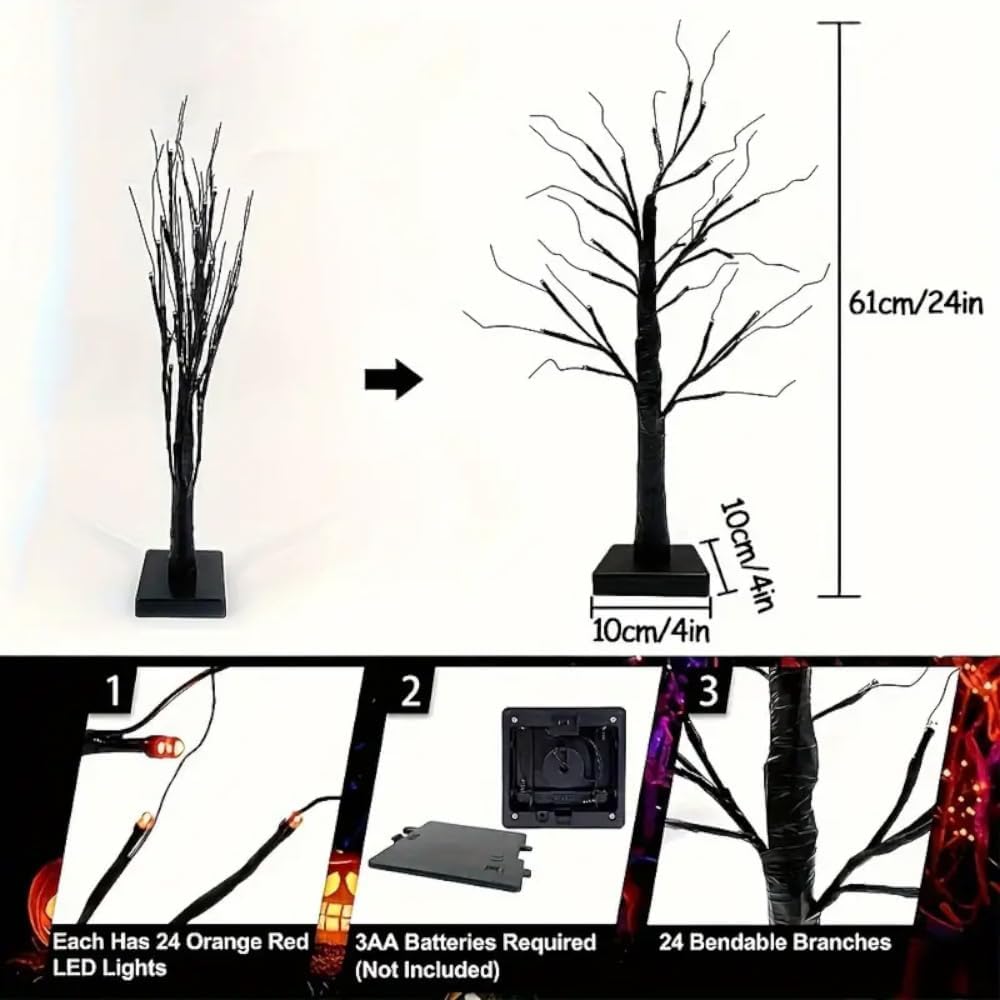 2 Pack 24 Inch Halloween Decorations Black Halloween Tree 48 led Orange Light...