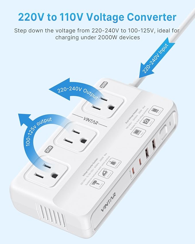 220V to 110V Voltage Converter, VINTAR 2000W Universal Travel Adapter Voltage