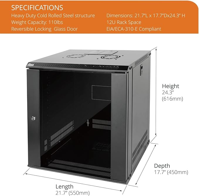 Tecmojo 12U Wall Mount Server Cabinet IT Network Rack Enclosure Lockable Door