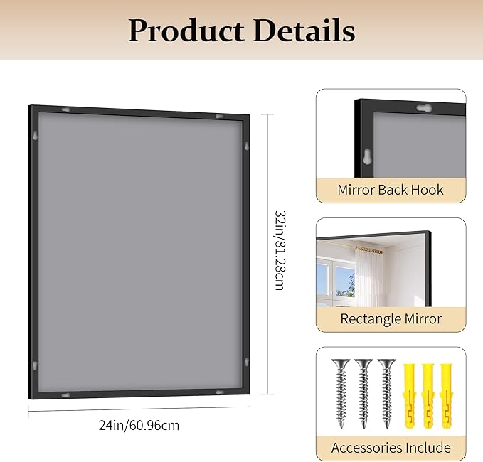 Black Bathroom Mirror for Wall, 24x32 Inch Rectangle Mirror