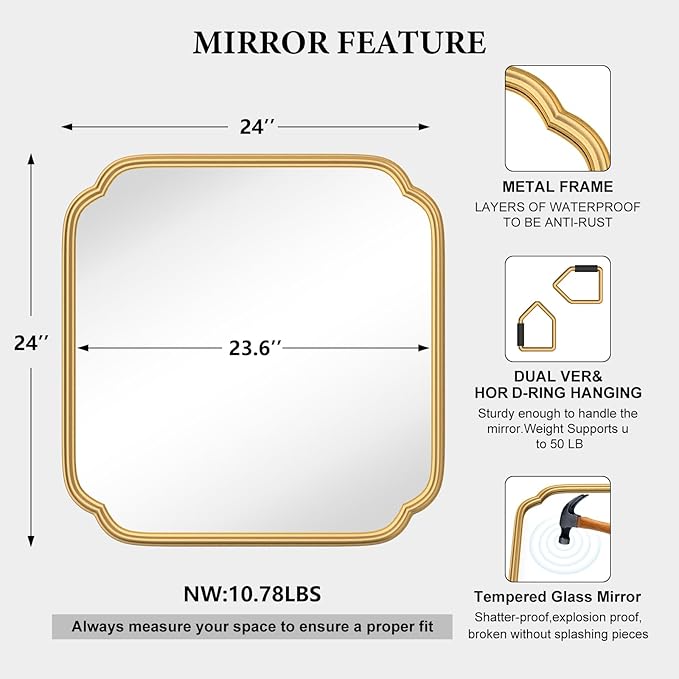 Gold Bathroom Mirror for Wall 24" x 24" Modern Rounded Corner Square Mirror