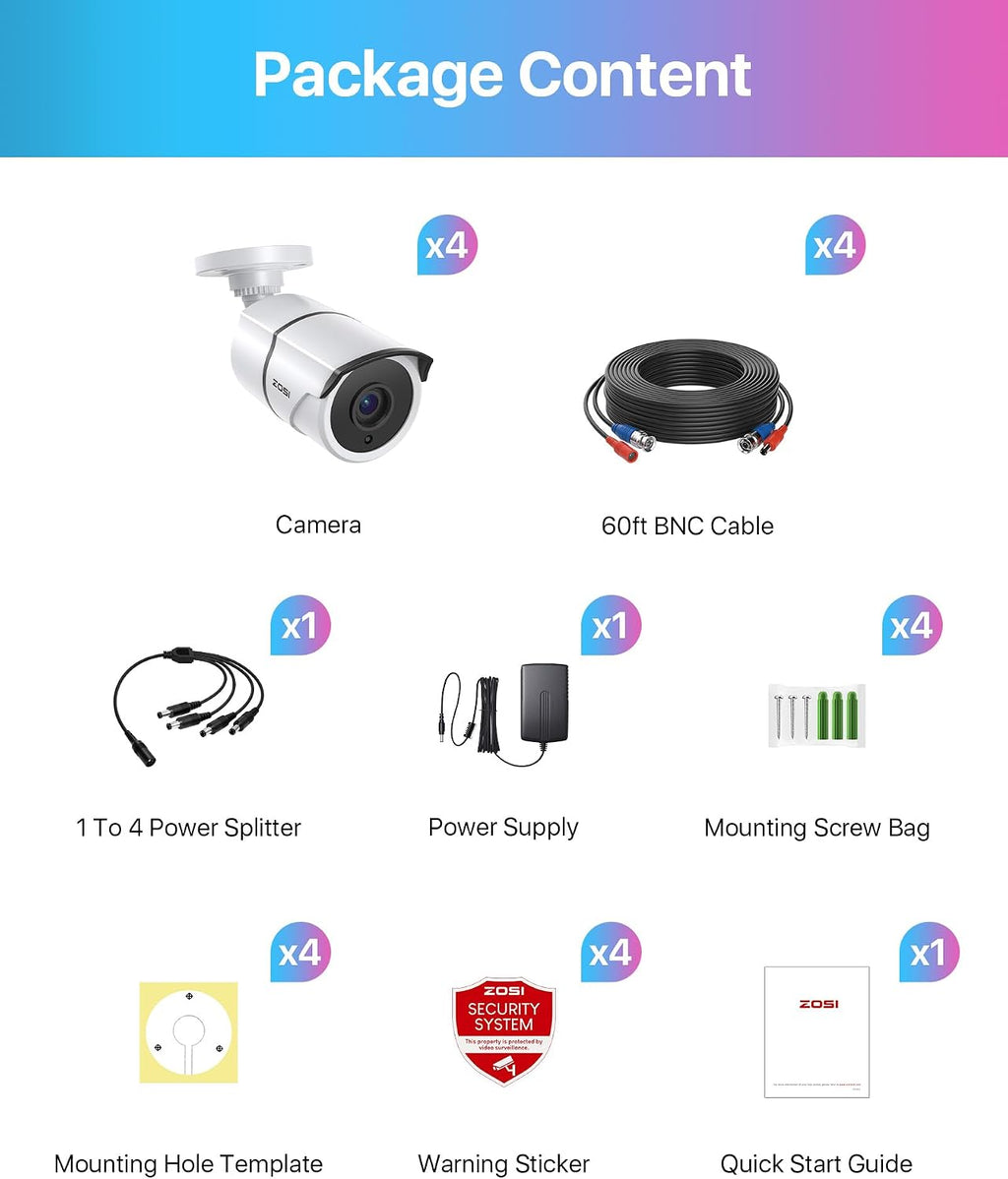 zosi 4 pack 2.0mp 1080p hd-tvi security cameras, view 9