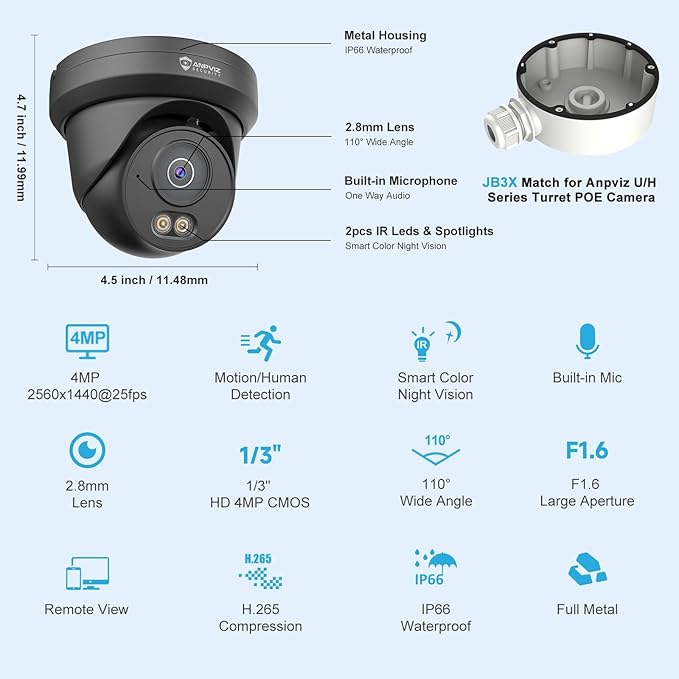 Anpviz 4MP PoE Camera Black, Full Metal Turret Security IP Camera Outdoor Indoor