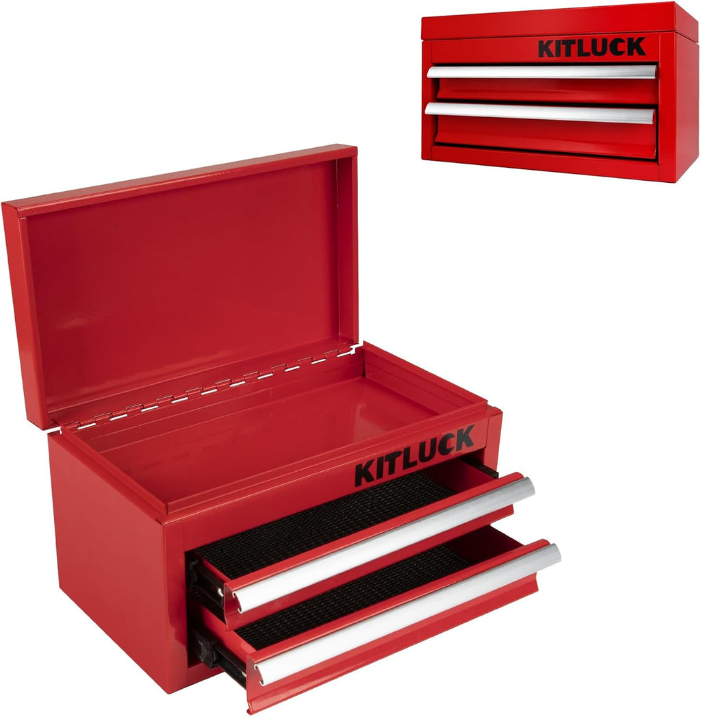 KITLUCK Mini Metal Tool Box, 2-Drawer Top Chest with Ball Bearing Slides, PVC Linerst, Durable Cold Rolled Steel Small Tool Organizer for DIY Home Office Multi-Purpose Storage,Red