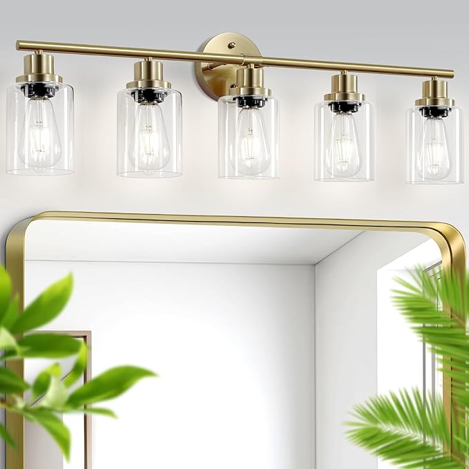 Guliaofo 5-Light Bathroom Vanity Lights, E26 Modern Brushed Gold Bathroom Light
