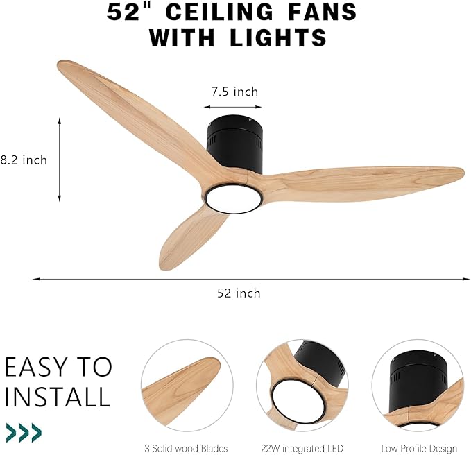 OUATER Wood Flush Mount Ceiling Fan