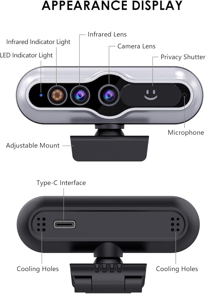 2K HD Webcam with Infrared Windows Hello Facial Recognition, Computer Camera