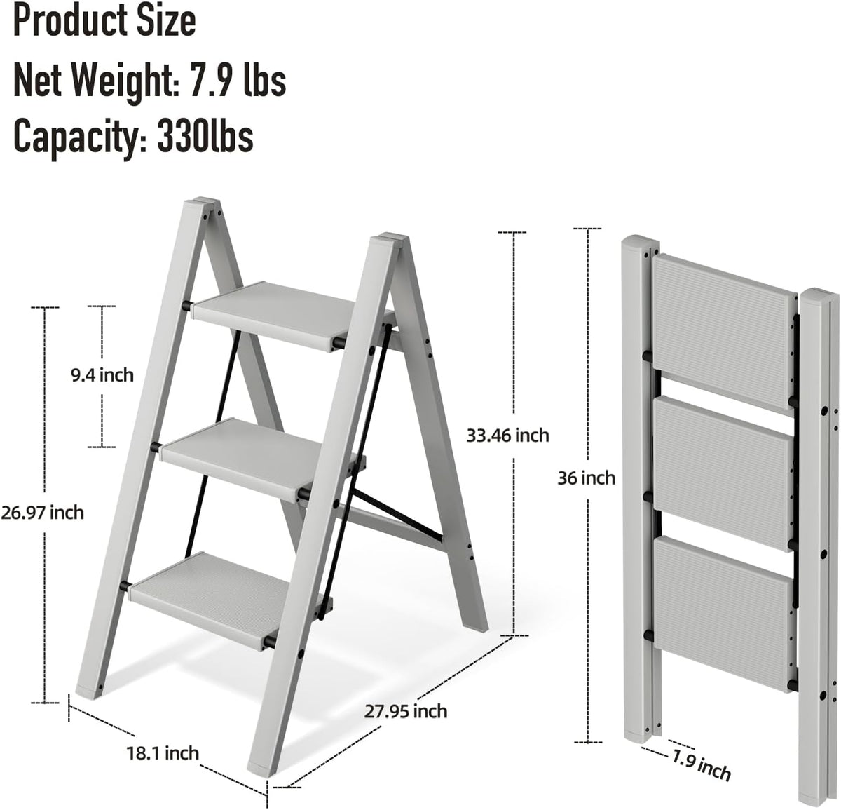 Mayi Plus 3 Step Stool Foldable, Aluminum, Lightweight Step Ladder