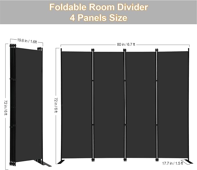 MAYOLIAH 4 Panel Room Divider Screen 6Ft Tall Foldable Privacy Dividers Indoor