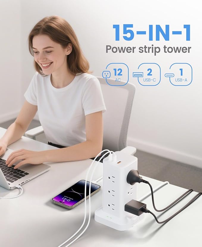 Power Strip Tower with Surge Protector 1800J, Fast Charging Tower PD20W USB-C