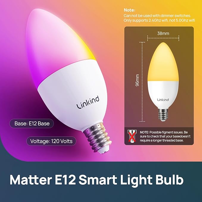 Linkind Matter Smart Bulbs, E12 Led Bulb Works (6 Pack)