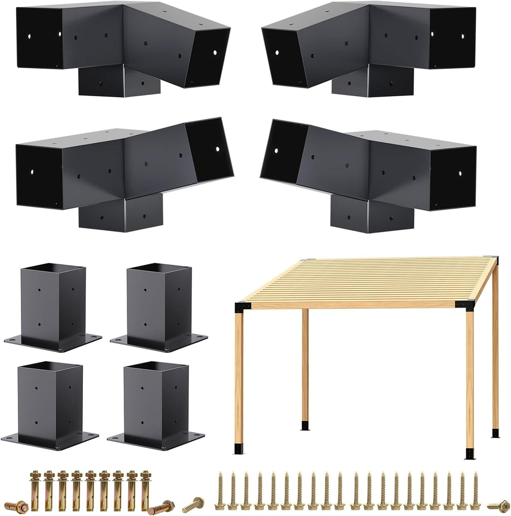 Pergola Brackets, 75° Pergola Brackets 15° Corner Bracket with Post Base Gazebo Kit for 4x4'' (Actual 3.5x3.5 in) Wooden Beams Lumber Gazebos Patio Sheds