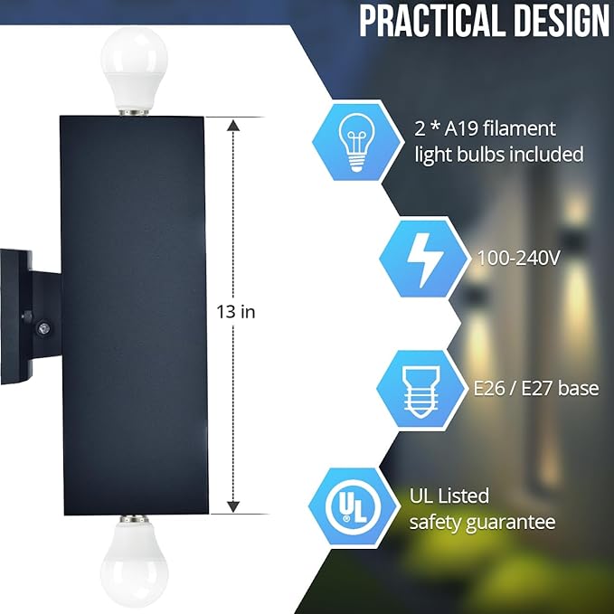 wowlite Outdoor Wall Lights Dusk to Dawn Sensor, 2700K Warm LED Up Down Sconce (2 Pack)