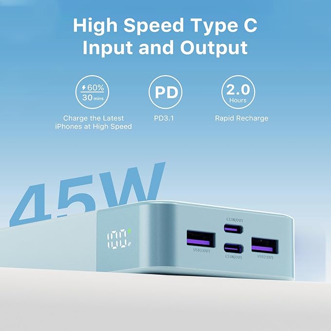 JUOVI J2621 Power Bank Portable Charger, 20000mAh 45W PD3.0 QC 4.0 Fast