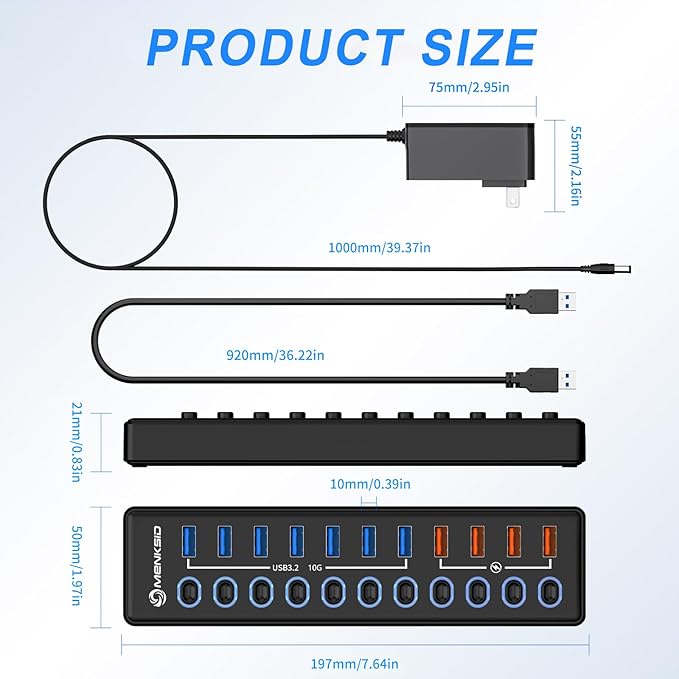 Powered USB Hub, MENKSID 11-Port USB Hub, 7 USB 3.2 Data Transfer Ports + 4