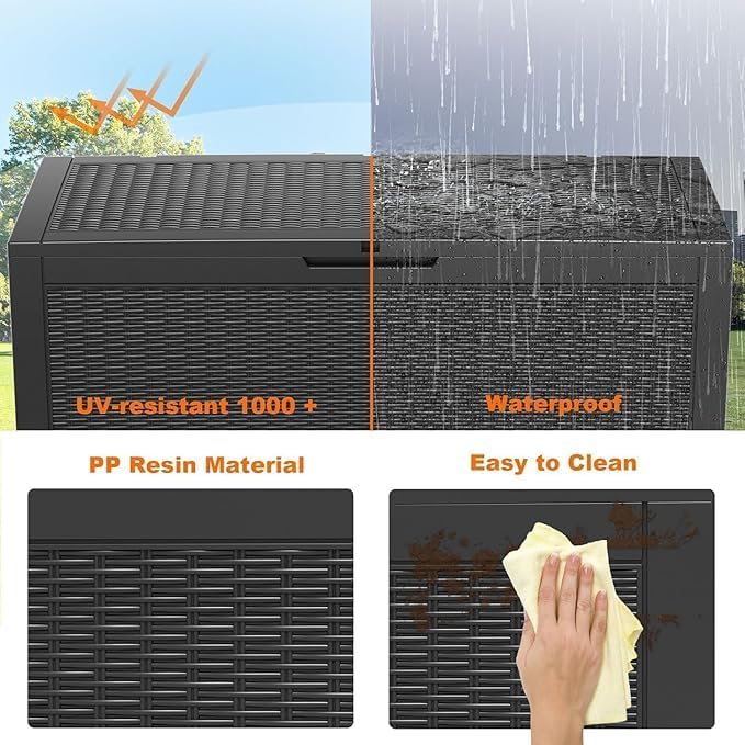 patiozen 120 gallon outdoor deck box,waterproof resin outdoor shown in use