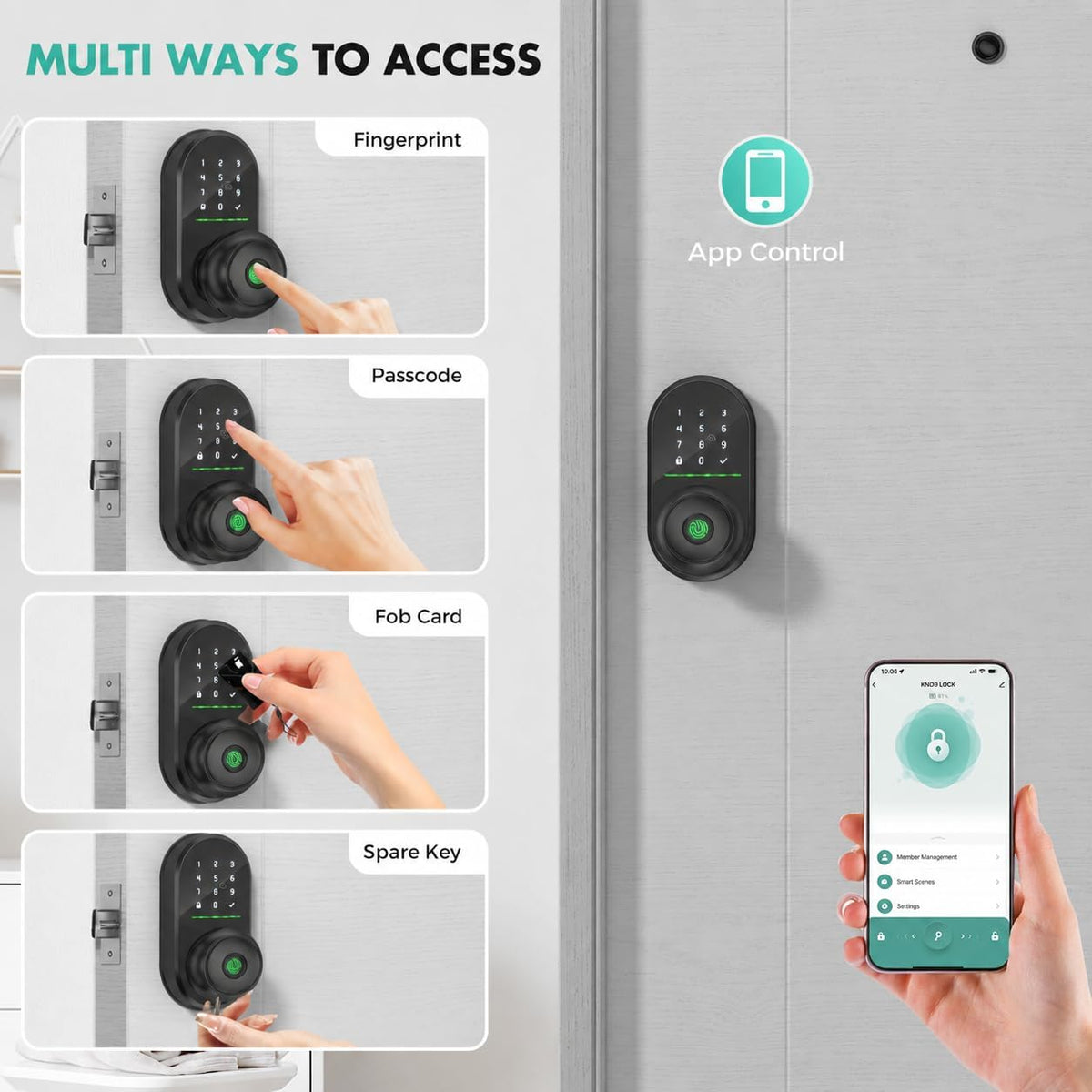 HEI LIANG Smart Door Lock Knob, Fingerprint Keyless Entry, Matte Black