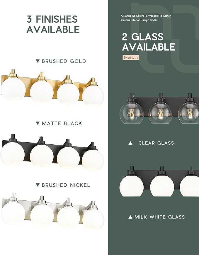 METWET Bathroom Light Fixtures, 4 Light Matte Black Vanity Light, 26 Inch