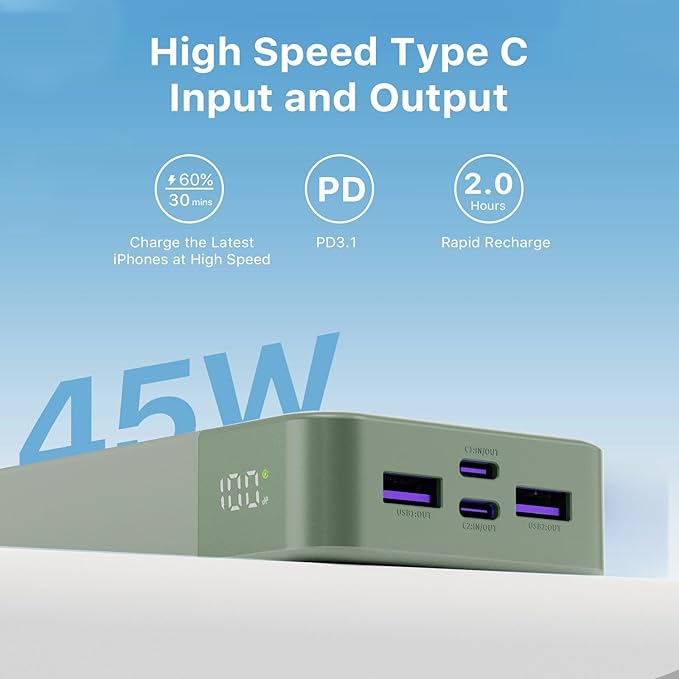 JUOVI J2621 Power Bank Portable Charger 20000mAh 45W, PD 3.0 QC 4.0 Fast