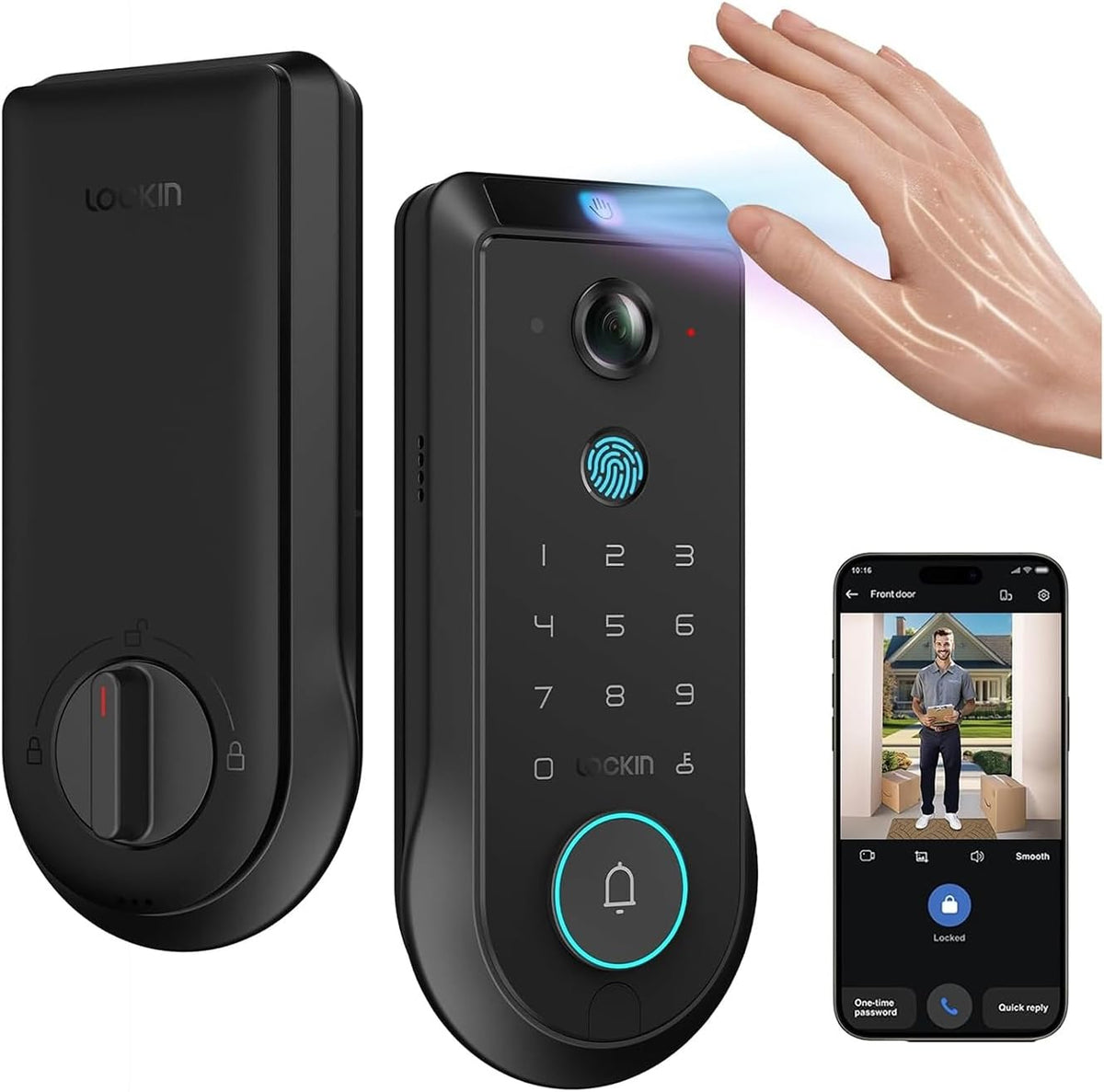 Lockin Veno Pro Smart Lock, Palm Vein Keyless Entry, Single Battery, Camera