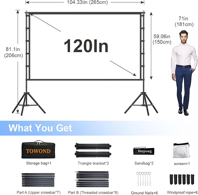 Outdoor Projector Screen with Stand, TOWOND 120 inch Portable Movie Screen