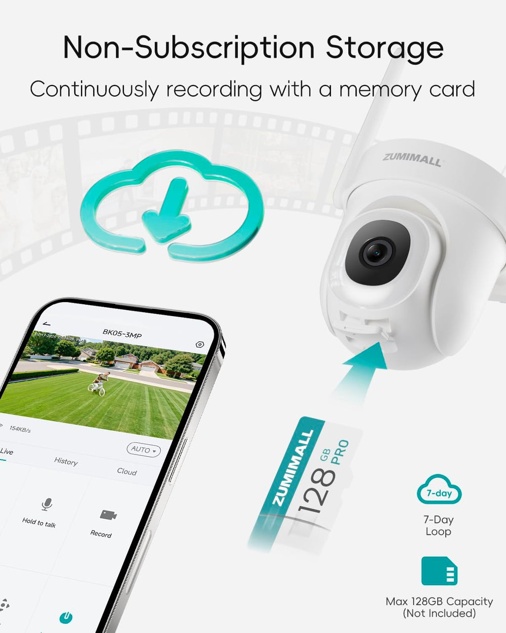 zumimall 2k wifi outdoor security camera, plug-in, 360°, front angle view