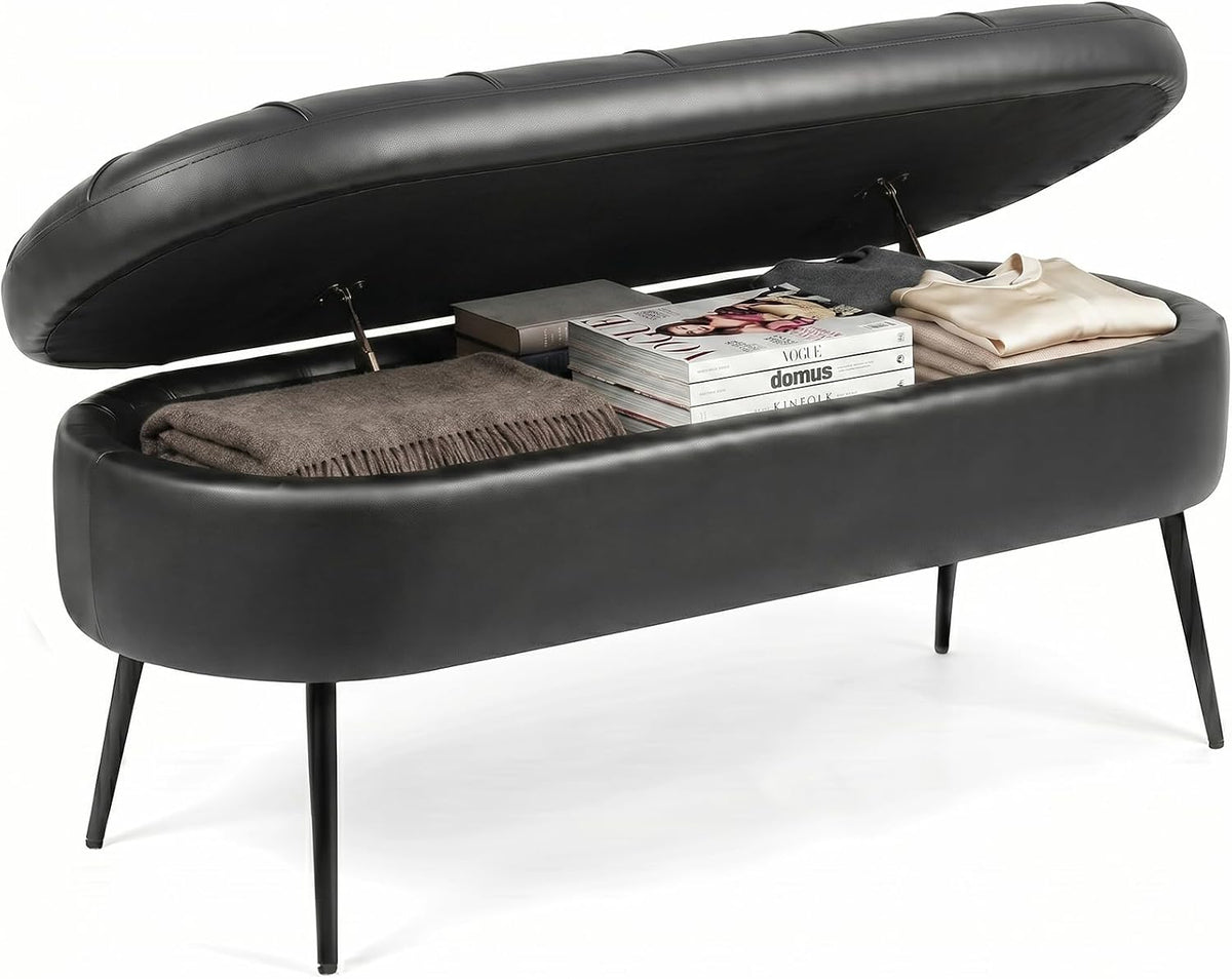 Storage Ottoman Bench, 43.7" PU Leather End of Bed Bench Black