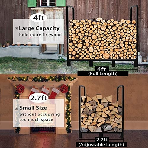 4ft Outdoor Firewood Rack, Upgraded Adjustable Heavy Duty Logs Stand Stacker Holder for Fireplace - Metal Lumber Storage Carrier Organizer, Bright Black