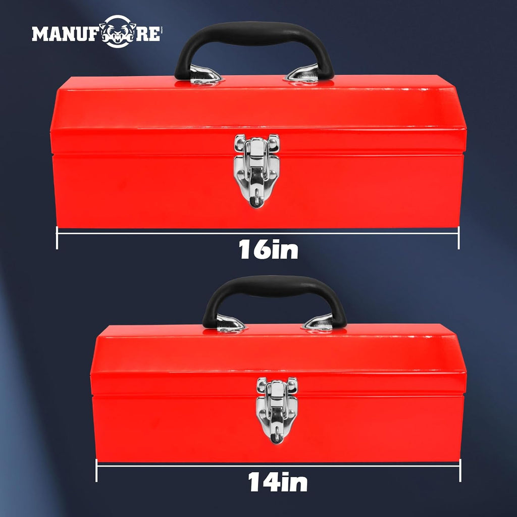manufore 16" metal tool box with carry handle, side view