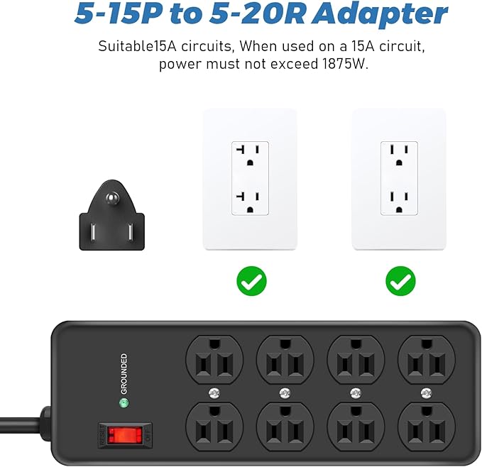HEZI 8 Outlet Heavy Duty Power Strip, 15Amp Metal Mountable Surge Protector