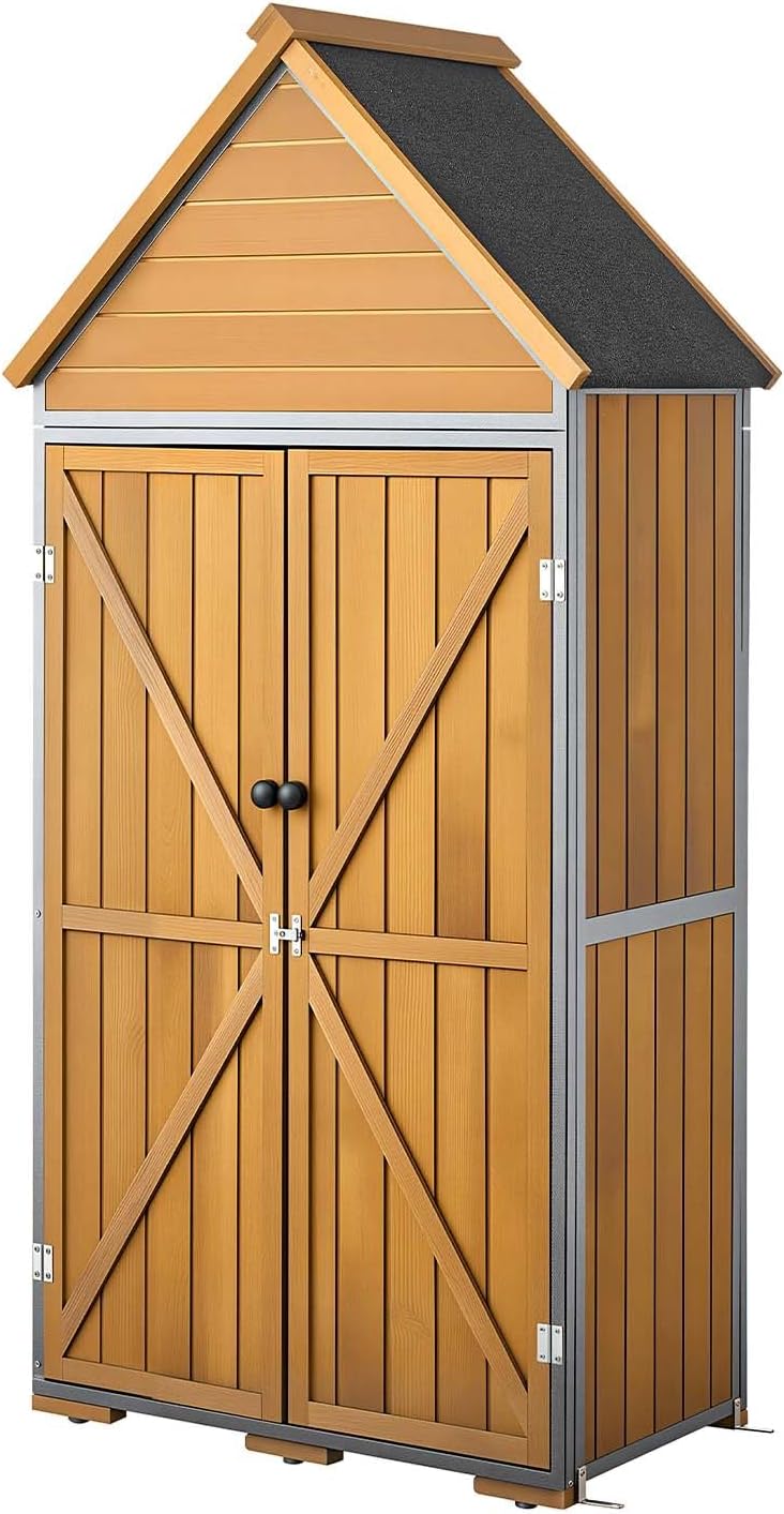VEVOR Outdoor Storage Shed, 30" x 66.93" Wood & Metal Garden Tool Shed with Lockable Doors & Sloped Roof, Waterproof Outside Storage Cabinet with Shelves & Floor for Backyard Patio Lawn, Brown