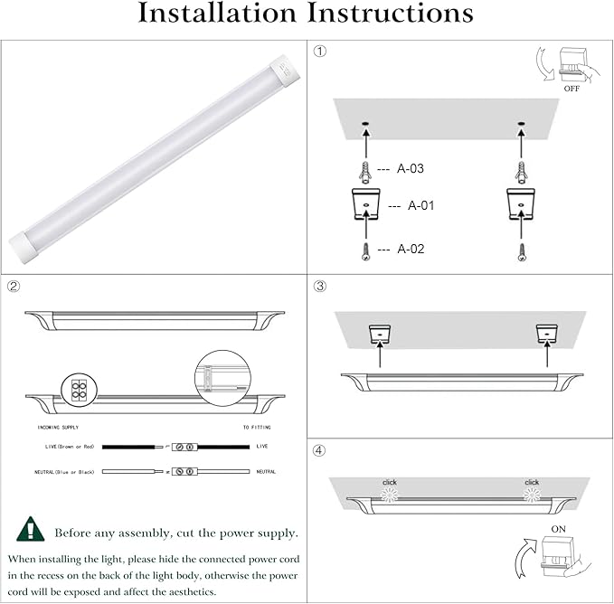 colmeguna 4 Packs 4FT LED Batten Light, Ultra-Thin Slim Ceiling Surface Mounted