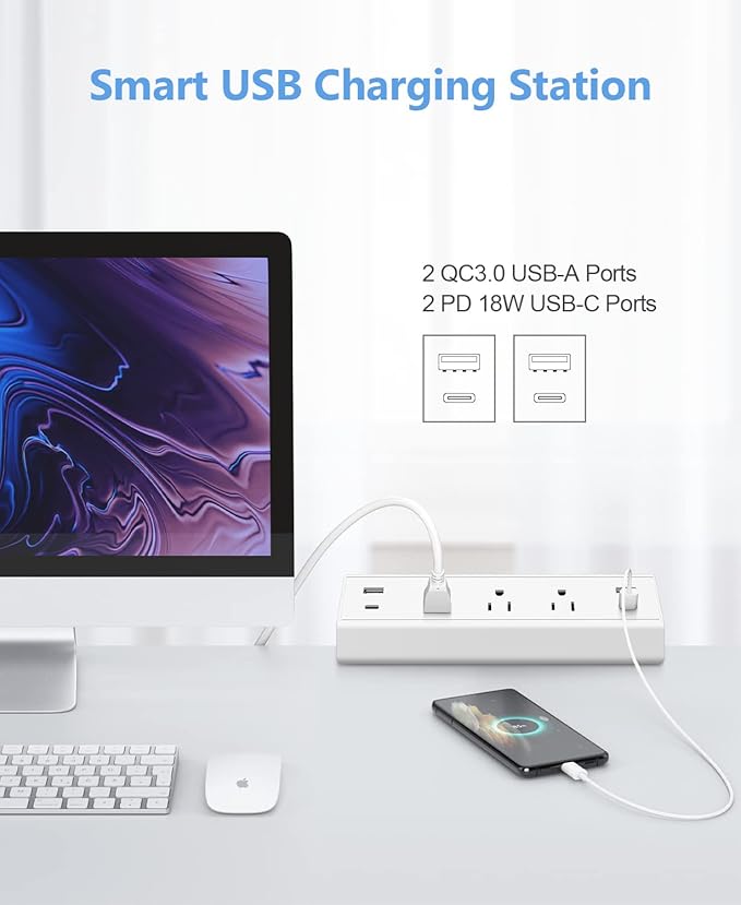 Desk Clamp Power Strip, 40W Fast Charging Station, Desktop Mount Surge Protector