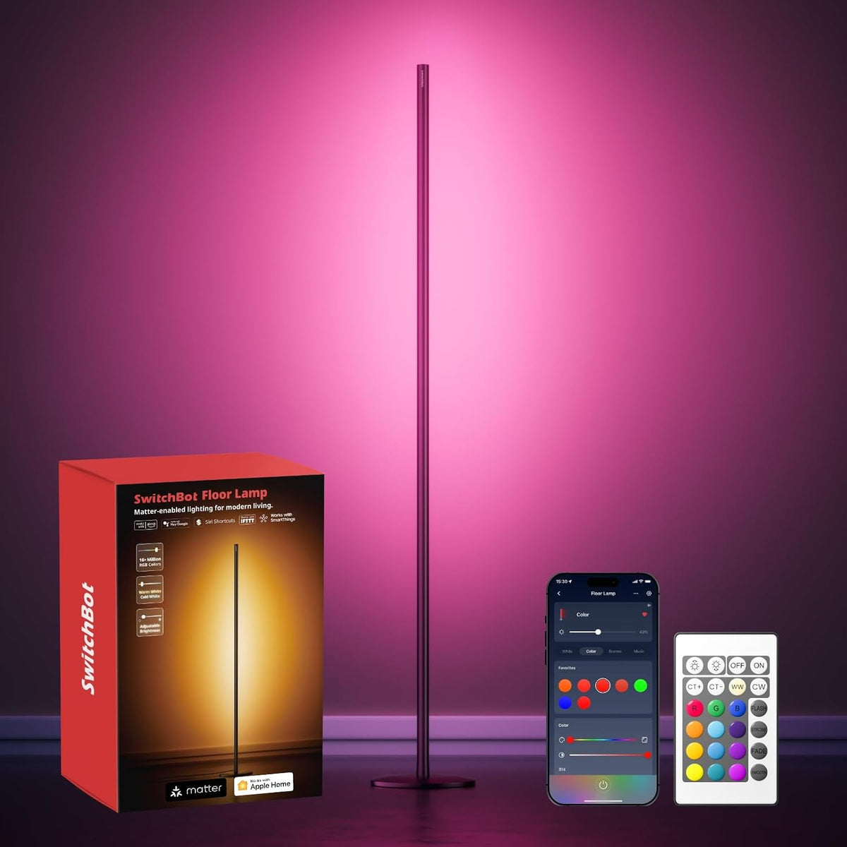 SwitchBot Floor Lamp with Matter, Warm Cool White, Corner Floor Lamp Compatible