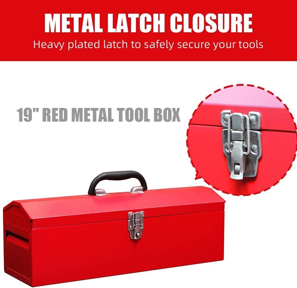 portable metal tool box, steel tool storage box, side view