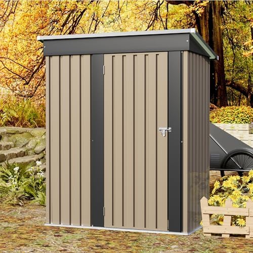 JUMMICO Metal Outdoor Storage Shed 5 x 3 FT Metal Shed with Lockable Door,Waterproof Garden Tool Shed Storage House for Backyard Patio Lawn, Brown