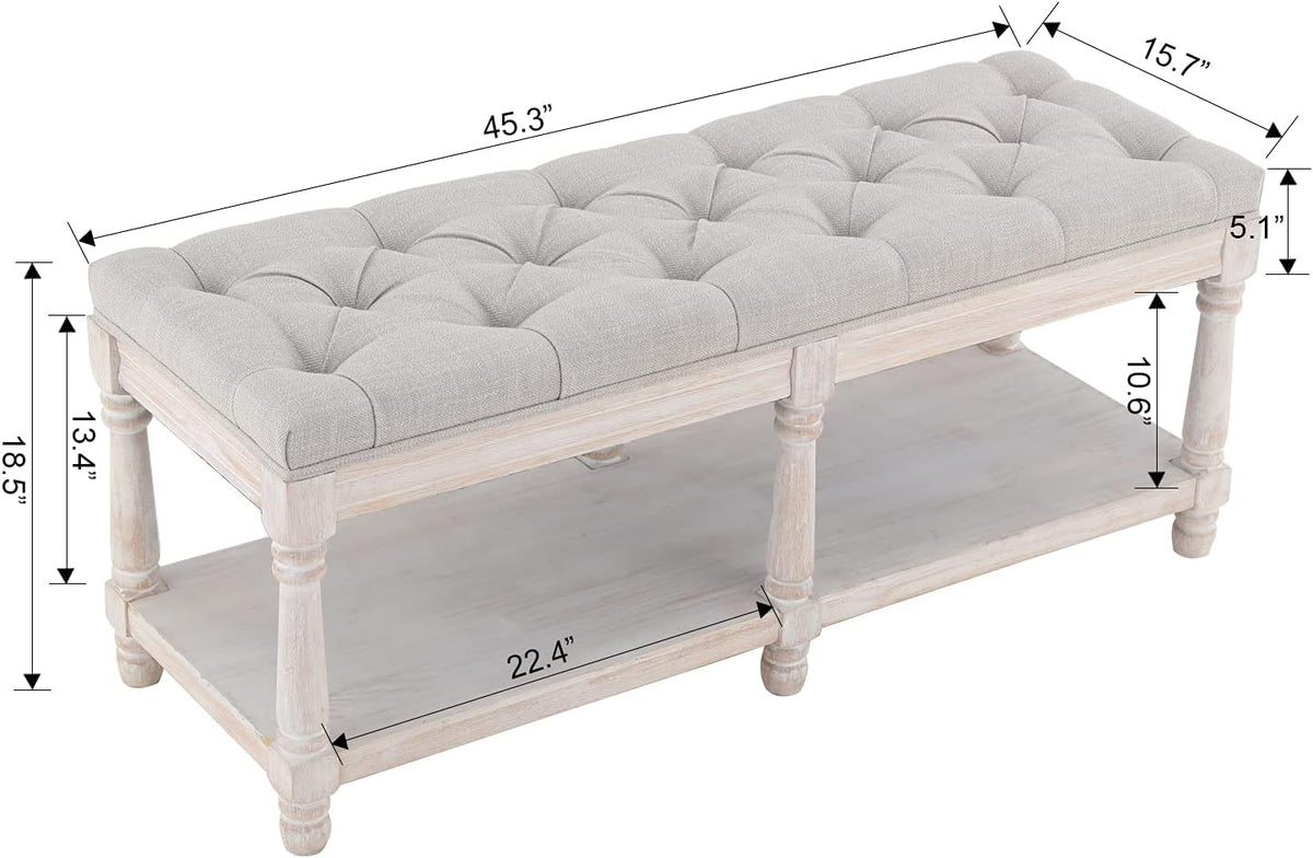 farmhouse storage bench wooden entryway upholstered tufted ottoman shown in use