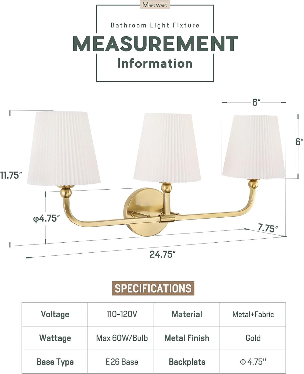 3-Light Brushed Gold Bathroom Vanity Light, Pleated Fabric Shade