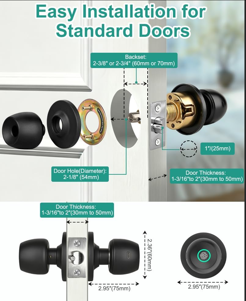 Fingerprint Door Knob Lock for Bedroom with App and Backup Keys