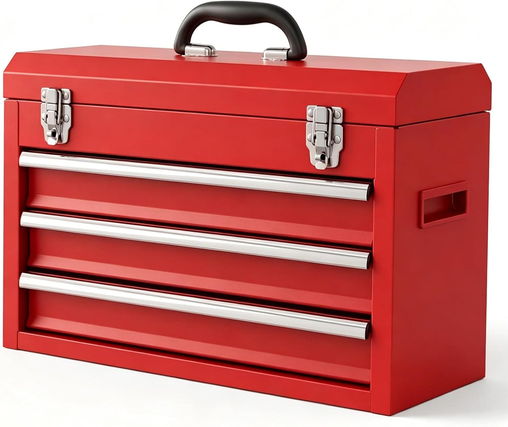 3 Drawer Metal Tool Box, Heavy Duty Steel Tool Chest with Ball Bearing Drawers, Portable Metal Toolbox with EVC Liners and Latches Closure, Powder Coated Tool Storage for Garage, Workbench & Home