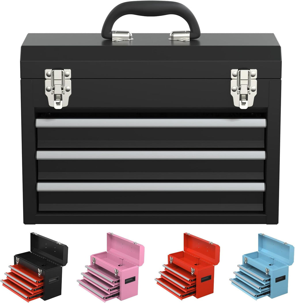 3 Drawers small Tool Box, Portable 3 Drawer Steel Tool Box with Locking System toolbox organization with Liner for Tools Storage (Black)