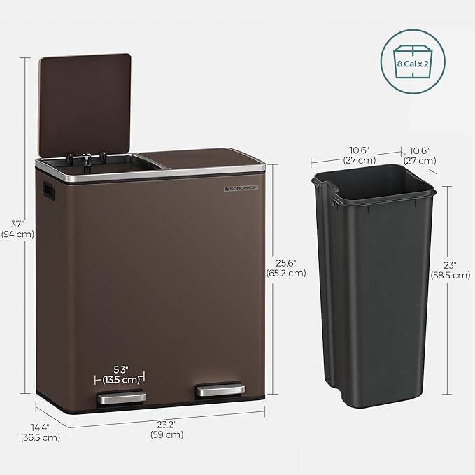 SONGMICS Trash Can, 2 x 8 Gallon Garbage Can